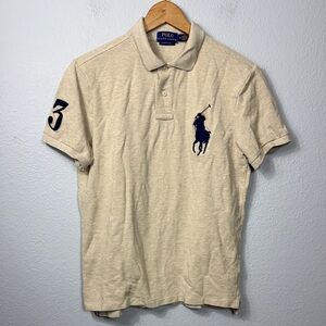 Polo by Ralph Lauren Men's Tan Polo Shirt with Navy Logo